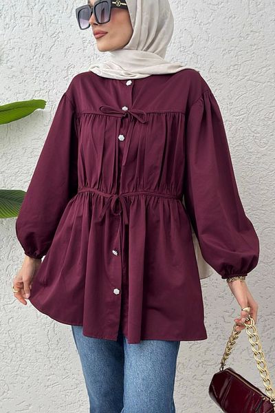DEFNECE BOUTIQUE Burgundy Tunic - Lace-Up and Drawstring