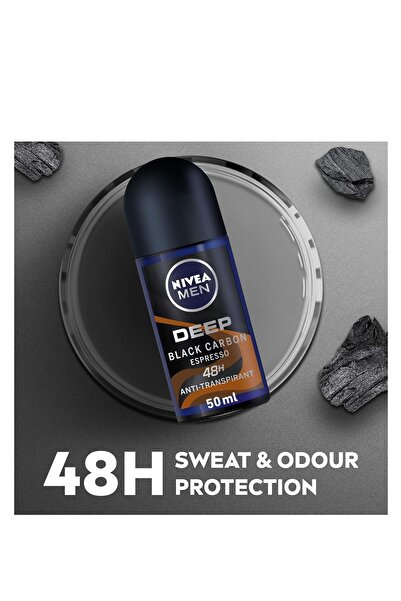 NIVEA Deodorant Roll On pentru bărbați Deep Black Carbon cu aromă de espresso 50ml x3