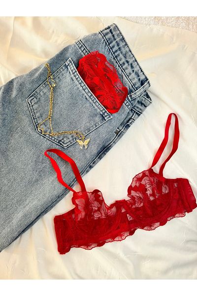 İNKO İÇ GİYİM Floral Underwire Cupless Tulle Bra Set (Bra Thong)