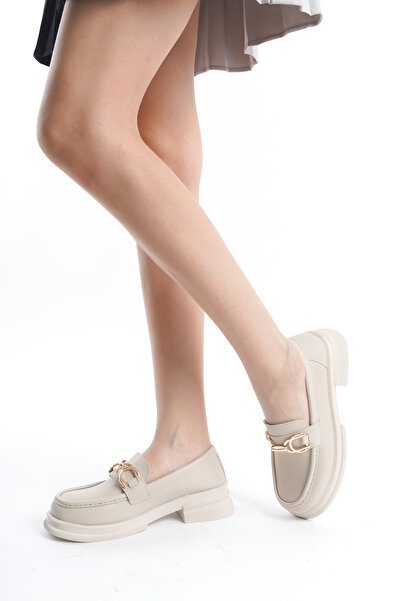 MORIA SHOES Alexia bej cilt altın tokalı loafer kadın ayakkabı