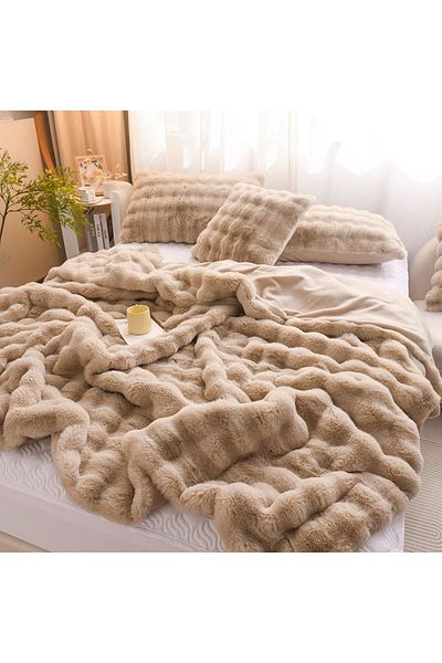 BALADI HOME Beige Color (3 Piece) Double Rabbit Plush Blanket Bedspread Set Good Quality