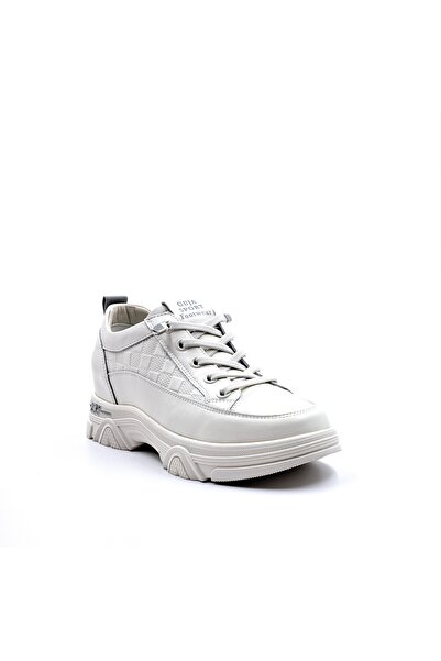 Guja Genuine Leather 2 cm Hidden Heel Rubber Laced White Women's Casual Sneakers