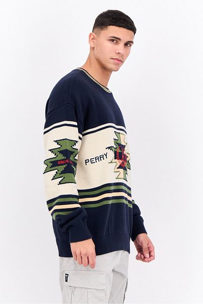 Perry Ellis Men Embroidered Logo Pull Over Sweater, Navy