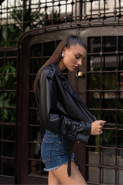 Madamra Jachetă neagră de piele de damă cu curea Crop Biker