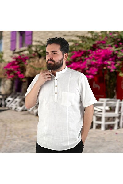 İkranur Prevailing Collar Linen Look Anti-Sweat 100% Cotton Short Sleeve Summer Shirt-Cream