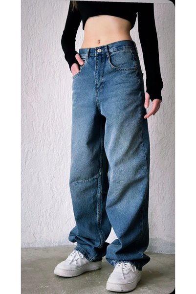 QİSSO Tibet Baggy Buckle Detailed Loose Fit Wide Leg Comfortable Baggy Jean Trousers Palazzo Light Blue