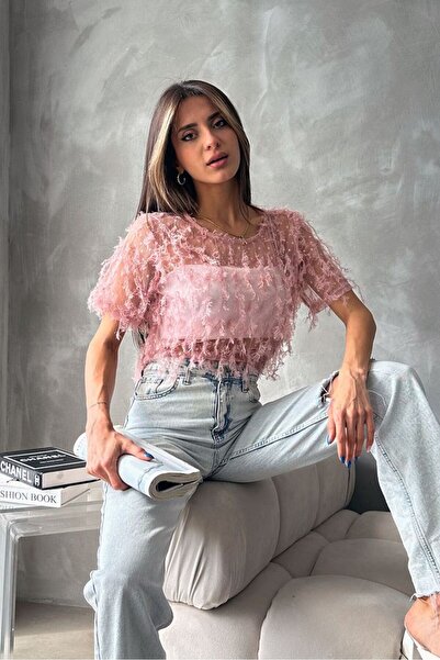 Caddebostan Moda Women's Glittery Fringed Tulle Blouse Stylish Transparent Sh...