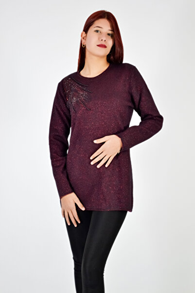 Angora Bisiklet Yaka Omuz İnci Detaylı Triko Bluz Bordo