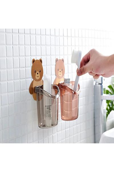 TİNEKE Teddy Bear Toothbrush Cup Holder Toothpaste Storage Rack Stand Self Adhesive 2Pcs