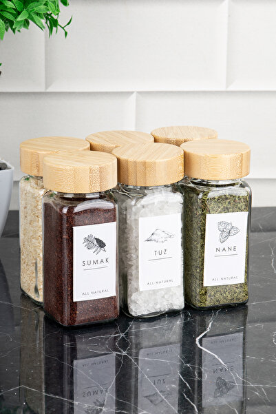 DNS HOME 6 Pieces Square Glass Spice Rack Set with Bamboo Lid Spice Rack with Label Gift