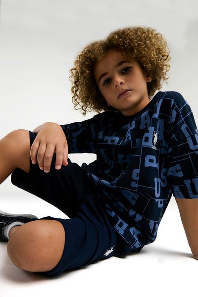U.S. Polo Assn. Uspa Licensed 4-14 Years Old Boy's 100% Cotton Fabric Digital Print Bicycle Collar Bottom-Bottom Bermuda Suit