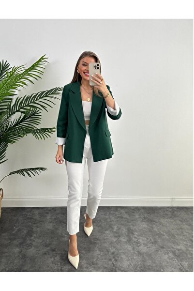 MODA Zümrüt yeşili premum kolay katlamalı astar çizgili A kalite Blazer ceket
