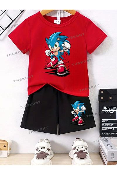 THEKONT Sonic Printed Children's Summer Shorts-Tee Set