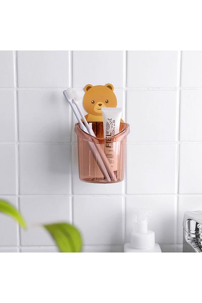 TİNEKE Teddy Bear Toothbrush Cup Holder Toothpaste Storage Rack Stand Self Adhesive 1Pcs