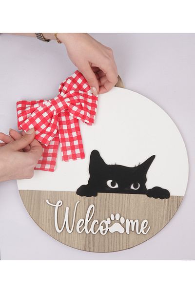 Hilaliart Wooden Door Ornament with Welcome Cat Figure - Wooden Mdf Door with Cat