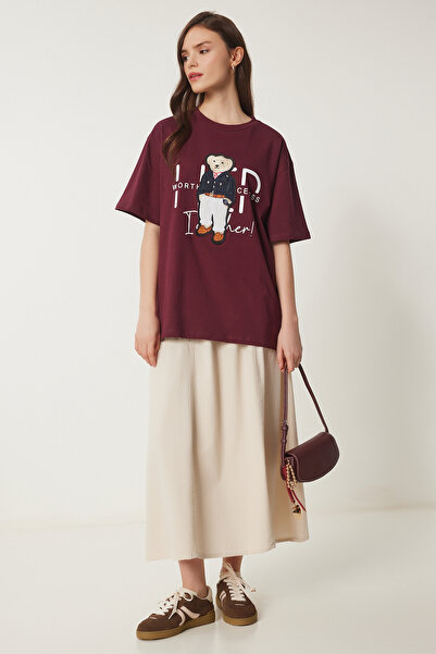 Lovelyİstanbul Teddy Bear Κεντημένο Βαμβακερό Πλεκτό Μπλουζάκι Βουργουνδίας L...