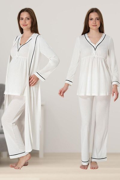 BLACKMORE Women's Ecru Cotton Long Sleeve Pregnancy Pajamas Set 4 Pieces