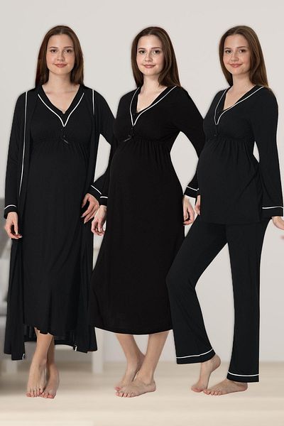 BLACKMORE Women's Black Cotton Long Sleeve Breastfeeding Maternity Pajamas Set