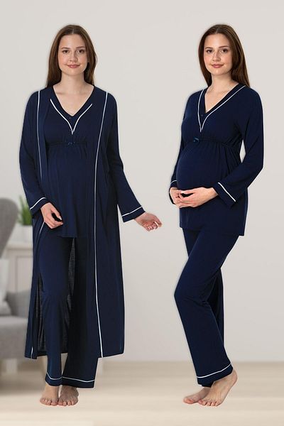 BLACKMORE Navy Blue Cotton Pregnancy Sleepwear Set - Nightgown & Dressing Gown Costumes 4Pcs