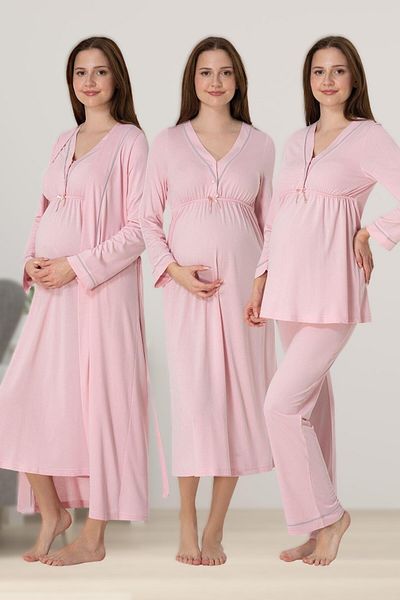 BLACKMORE Women's Powder Long Sleeve Maternity Pajamas Set (4 Para)