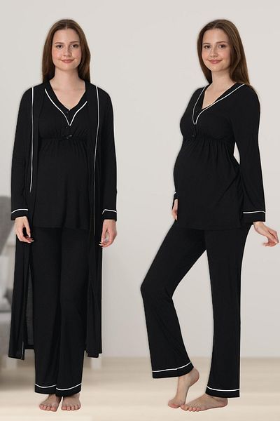 BLACKMORE Women's Black Cotton Long Sleeve Breastfeeding Maternity Pajamas Set