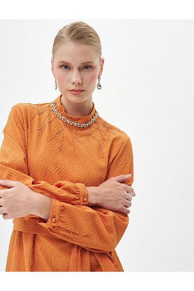 Kayra Rochie decorată cu mărgele Seersucker