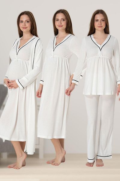 BLACKMORE Women's Ecru Cotton Long Sleeve Pregnancy Pajamas Set 4 Pieces