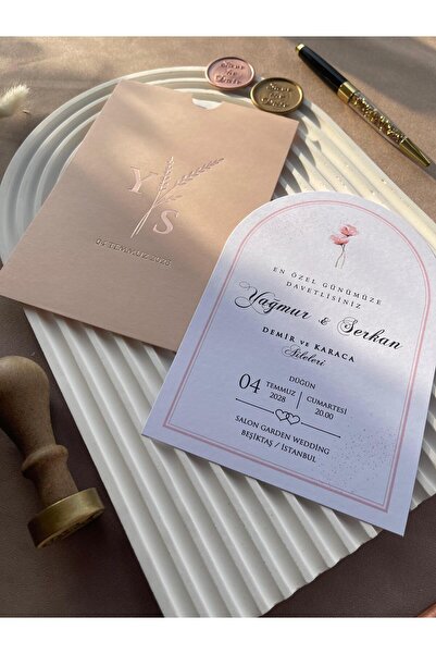 emindijital Pudra Zarflı Oval Yaldızlı Kına,Nikah,Nişan, Düğün Davetiyesi 50 Adet