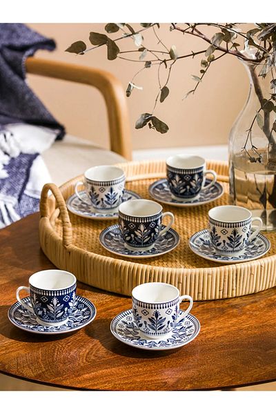 LC Waikiki Lcw Home Mixed Floral Printed Porcelain Coffee Cup Set for 6 People 90 ml