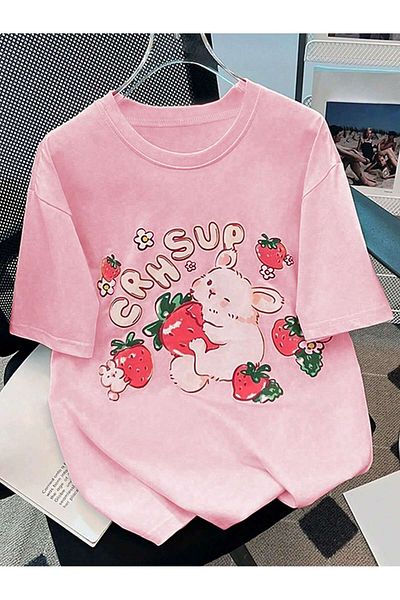 EVIus Μπλουζάκι με λαιμόκοψη με στάμπα Rabbit Strawberry Oversize
