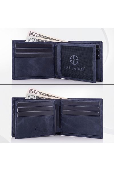 Trusador Savona Classic Navy Blue Genuine Leather Card Holder Men's Wallet with Rfid Protection Gift
