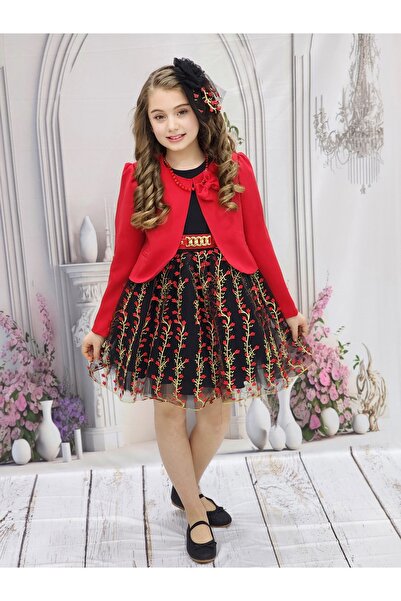 N.S.K NEWSTAR KİDS Girl's Red Color Fluffy Tulle Lace Dress and Jacket Combination