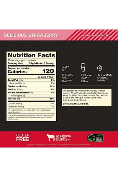 Optimum Nutrition Gold Standard 100% Whey Protein, Delicious Strawberry, 2 LB