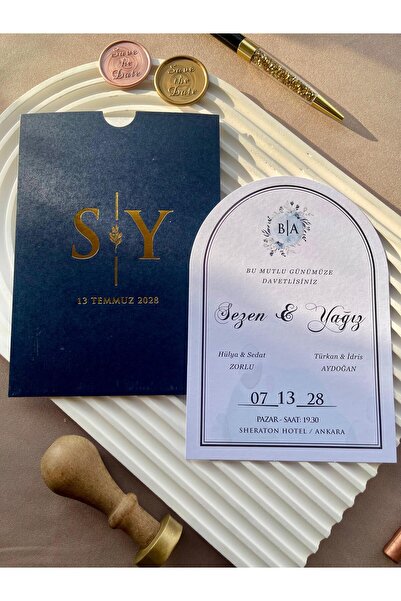 emindijital Lacivert Zarflı Oval Yaldızlı Kına,Nikah,Nişan, Düğün Davetiyesi ...