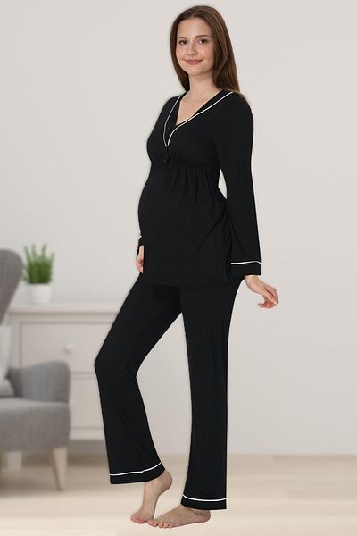 BLACKMORE Women's Black Long Sleeve Cotton Breastfeeding Featured Maternity Maternity Pajama Set