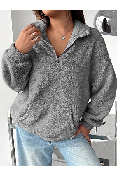 Wish BF Antrasit  Unisex Dik Yaka Peluş Yumuşak Mont