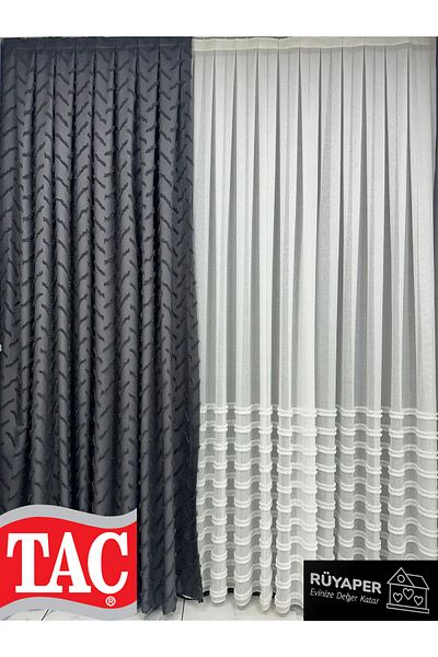 Taç Dreamper Anthracite Background Curtain Linen 1St Quality Brochol Gift (Single Wing)