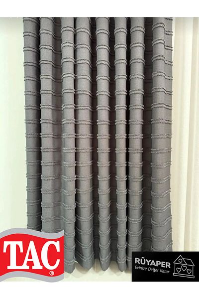 Taç Gray Color Tasseled Background Curtain Linen Brochol Gift (Single Wing)
