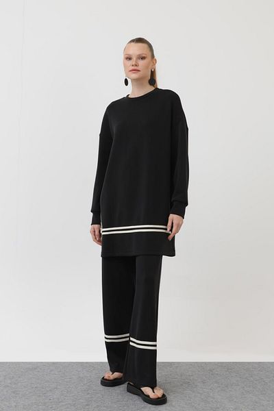 Puane Women's Trouser Leg and Tunic Skirt Hem Stripe Detailed Suit 14291