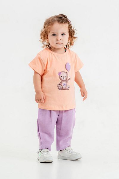 Magu Cotton Cute Teddy Bear Printed Orange Baby Girl T-Shirt and Lilac Pants Two-Piece Set