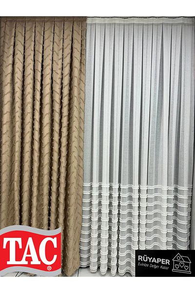 Taç Dreamper Mink Color Cross Tasseled Background Curtain Linen 1St Quality Brochol Gift (Single Wing)