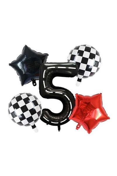 parti sürprizi Black Race Track Checkered 5 Years Old Foil Balloon Set