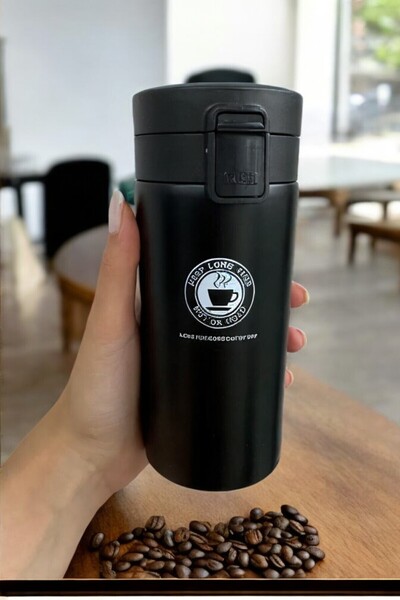 ADASHOP Kilitli Çift Katmanlı Flitreli Paslanmaz Çelik 350ml Siyah Termos Bardak Araç Kahve Çay El Termosu
