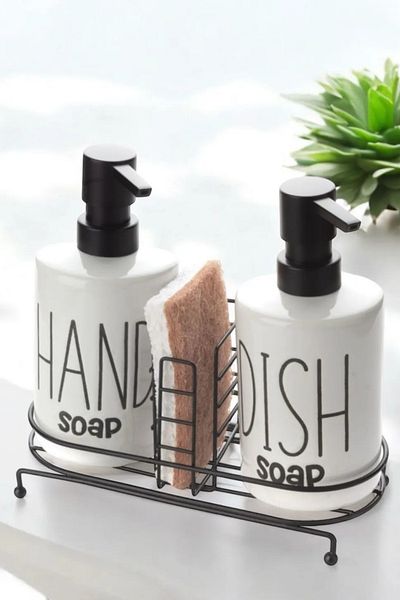 Woodcept Kitchen and Bathroom Set of 2 Liquid Soap Dispensers with Metal Stand and Sponge, Hand and Dish Phenomenon Set 500ml