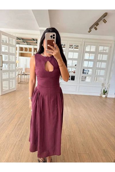 Modayakamoz Rochie fără mâneci din cabardină lungă burgundă