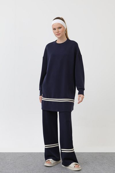 Puane Women's Trouser Leg and Tunic Skirt Hem Stripe Detailed Suit 14291