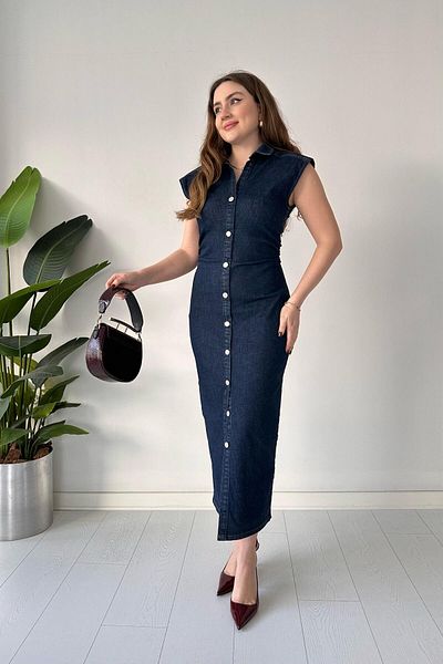 MaziButik Rochie din denim cu detaliu cu nasturi Albastru bleumarin