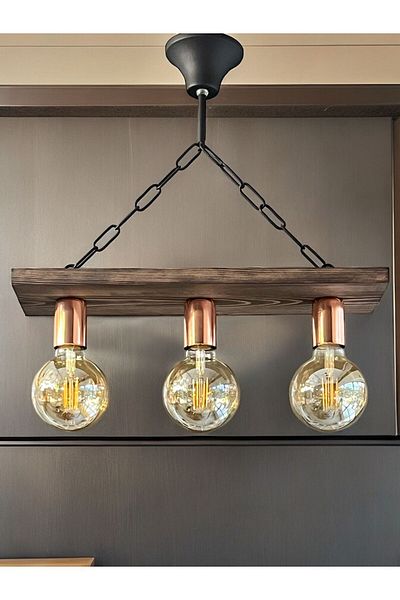 ONUR AVİZE retro lisa Set of 3 - Wooden Colored Copper Chandelier