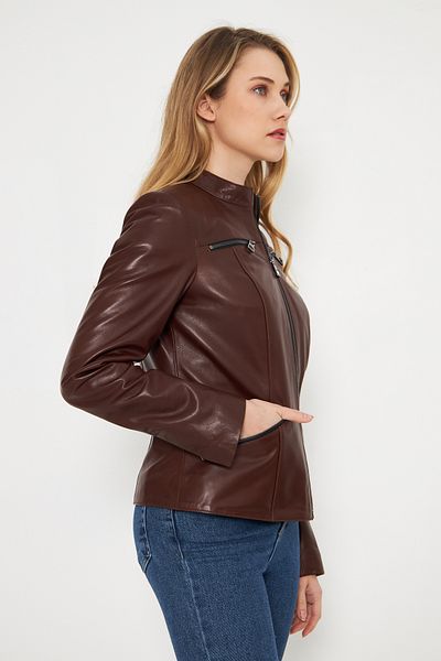 By Marki Marki Women's Fermer Detailed Brown Genuine Leather Jacket Fit Cut Stand Collar 57 cm 116522