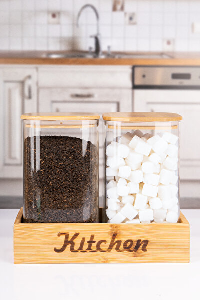 naturelove Bambu Standlı 2'li Kare Borosilikat Cam Çay Şeker Kahve Kavanozu 1...